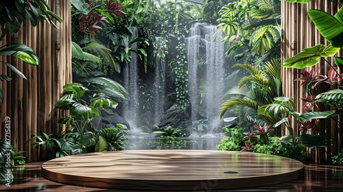 Serene Tropical Jungle with Wooden Platform and Waterfall in the Background photo