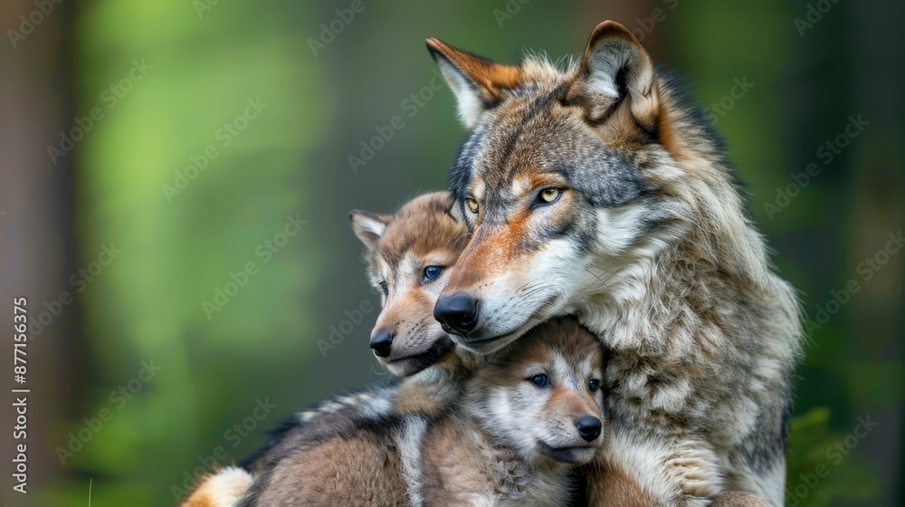 Fototapeta  Two adult wolves and a baby wolf pose in the grass, faces turned away from one another; trees loom behind them