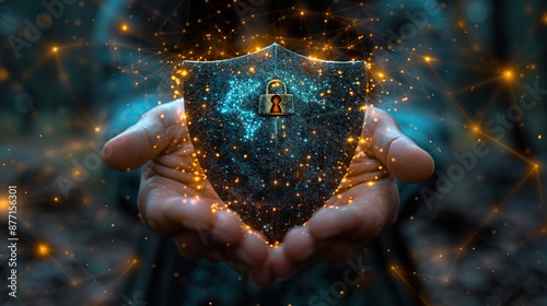 Close up businessman holding a shield with a padlock in hand for cyber security concept. photo