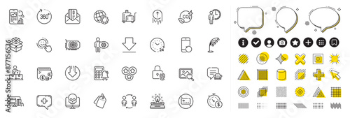 Set of Workflow, No card and Typewriter line icons for web app. Design elements, Social media icons. 24 hours, Luggage trolley, Sale tags icons. Online payment, Last minute, 360 degrees signs. Vector