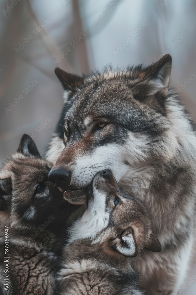 Fototapeta premium A pack of wolves frolics together in the snow before a leafless tree