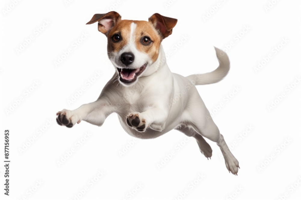 A dog leaps into the air with its paws outstretched, capturing a joyful moment A dog leaps into the air with its paws outstretched, capturing a joyful moment