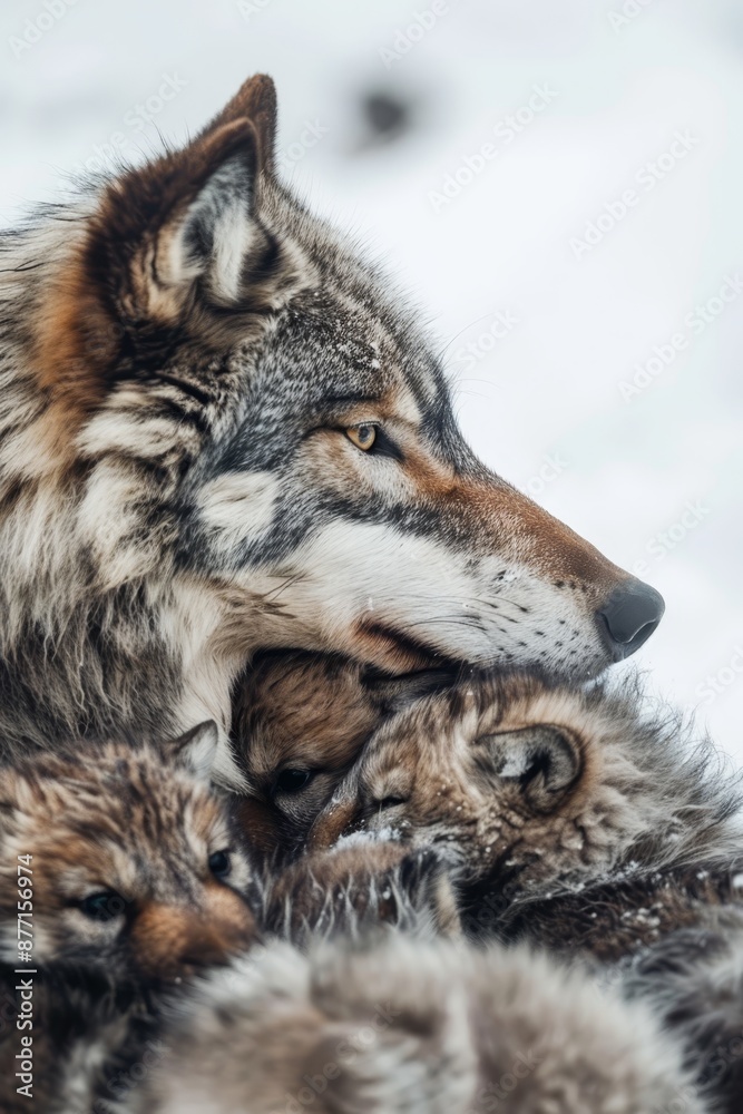 Obraz premium A pair of wolves resting together atop a snow-covered ground