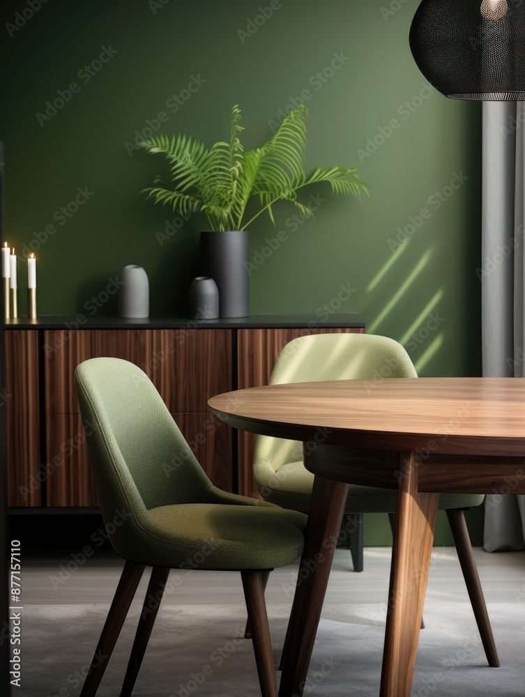Obraz premium A cozy dining room with a wooden table and green chairs, perfect for family gatherings or everyday meals