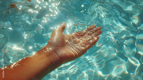Artistic Snapchat image of a hand in water viewed from above, featuring an impressionist style with glistening water and gentle light, evoking a peaceful summer ambiance.
