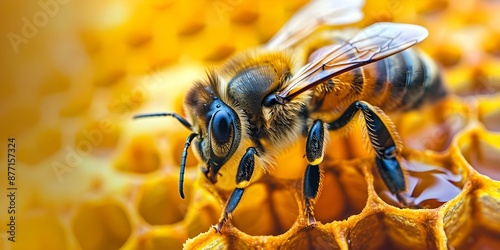 Closeup of honeybee with wings and eyes against honeycomb backdrop. Concept Macro Photography, Nature Closeup, Insect Closeup, Honeybee Detail, Honeycomb Background photo