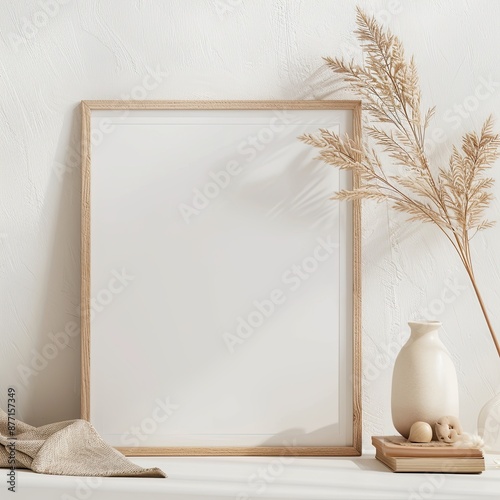 flat centered mockup of one empty beige wood horizontal poster frame, flat white background