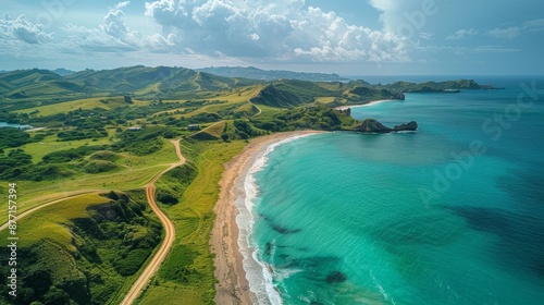 Drone shot of a winding coastline with turquoise water