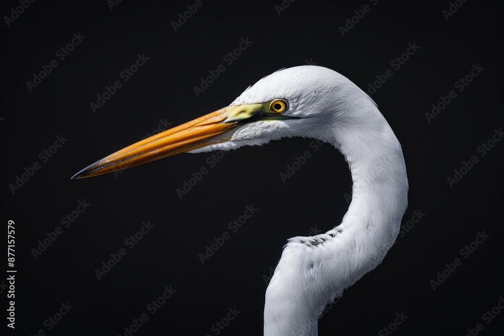 Extreme close up headshot of Great Egret against dark background Extreme close up headshot of Great Egret against dark background