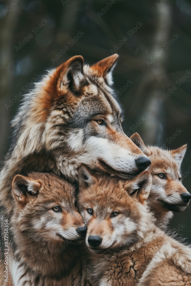 Obraz premium A group of wolves stands before the forest, their forms silhouetted against a backdrop of dense trees