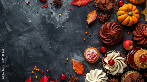 A variety of cupcakes and other desserts are arranged on a dark background