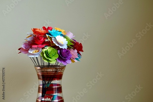 Paper flower bouquet in glass vase on neutral background looks elegant, adding beauty and sophistication to decor. Romantic concept with copyspce.
