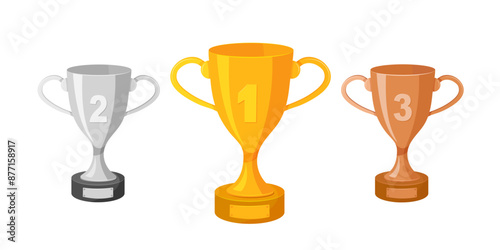 Winners podium with cups. Prizes for the Champions. Gold, silver and bronze cups on white background.