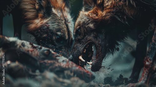  Two adjacent animals, covered in blood on bodies and faces photo