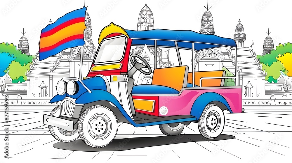 Naklejka premium Vibrant Tuk-Tuk Exploring Iconic Thai Landmarks in Bustling City