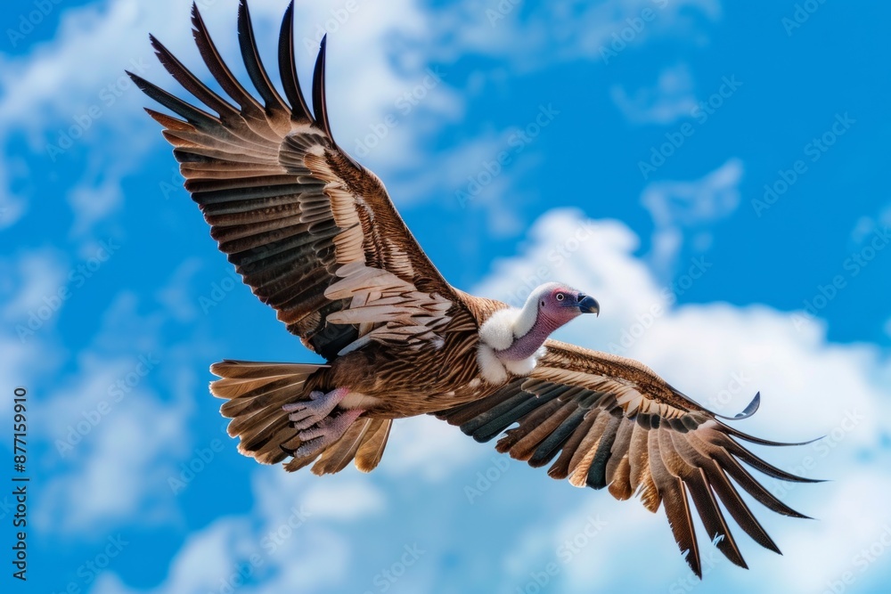 Lappet-faced vulture flying against a blue sky