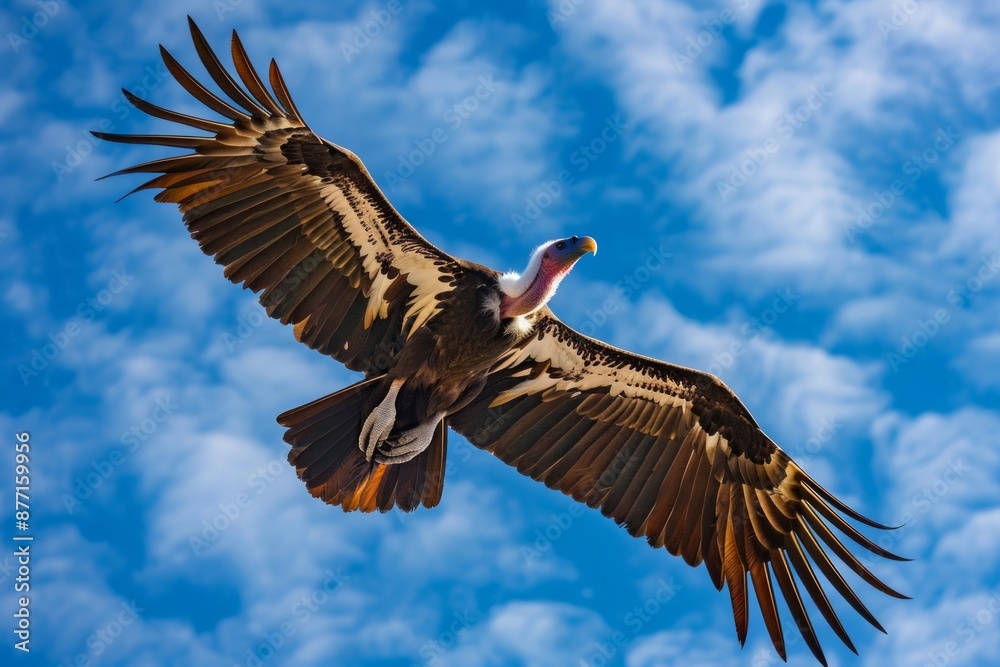 Fototapeta premium Lappet-faced vulture flying against a blue sky