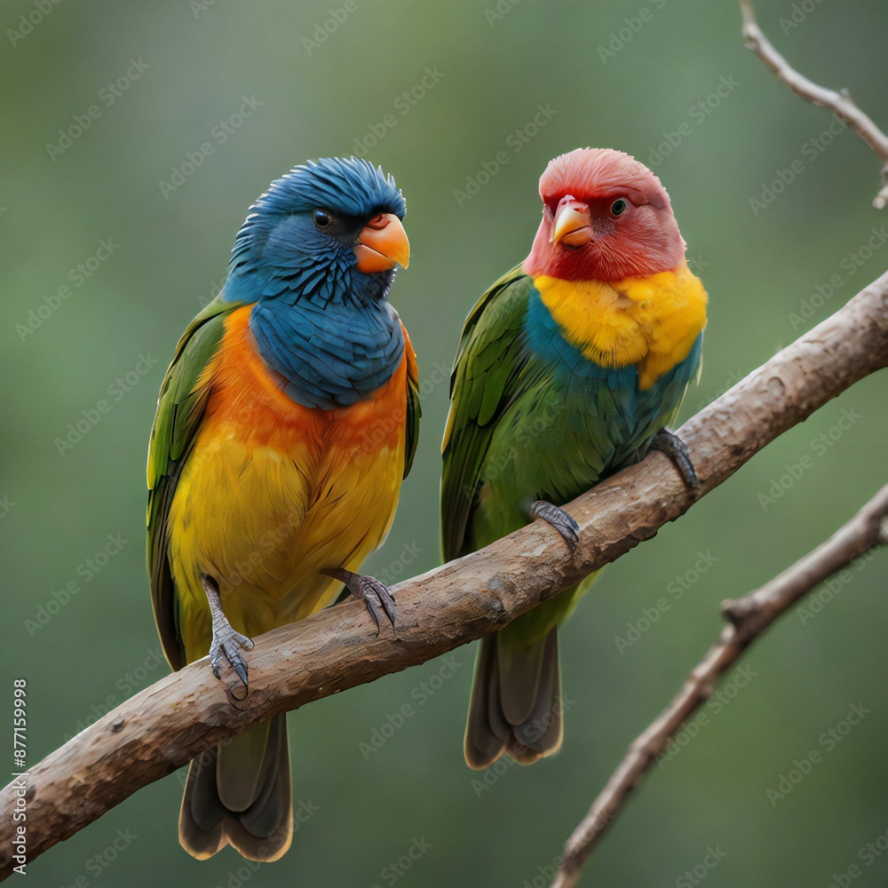 Two colorful birds perched closely on a branch, preening each other or chirping in harmony ai image Two colorful birds perched closely on a branch, preening each other or chirping in harmony ai image