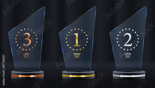 Realistic award. Winning medal. Glass 3D mockup. Acrylic design of first place prize. Silver or golden certificate. Competition trophy. Victory nominations. Vector exact elements set