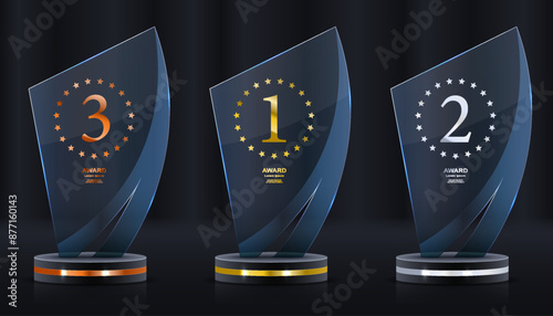 Realistic award. Winning medal. Glass 3D mockup. Acrylic design of first place prize. Silver or golden certificate. Competition trophy. Victory nominations. Vector exact elements set