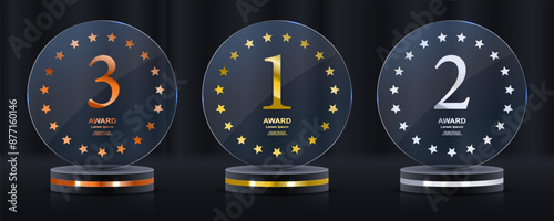 Realistic award. Winning medal. Glass 3D mockup. Acrylic design of first place prize. Silver or golden certificate. Competition trophy. Victory nominations. Vector exact elements set