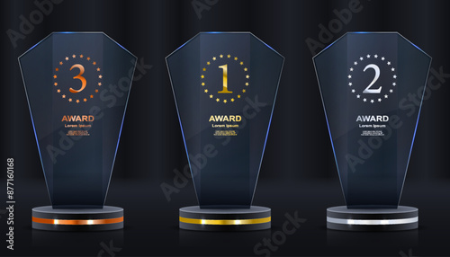 Realistic award. Winning medal. Glass 3D mockup. Acrylic design of first place prize. Silver or golden certificate. Competition trophy. Victory nominations. Vector exact elements set