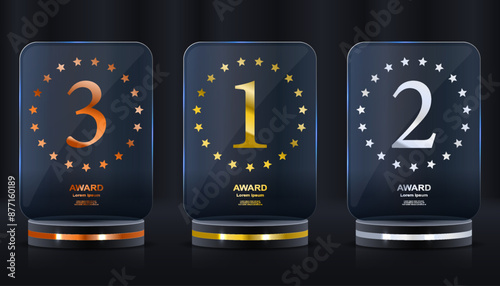 Realistic award. Winning medal. Glass 3D mockup. Acrylic design of first place prize. Silver or golden certificate. Competition trophy. Victory nominations. Vector exact elements set