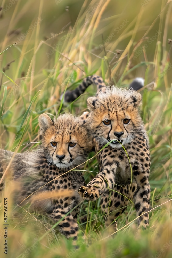 Two cheetah cubs frolic in tall grass, paws elevated, gazing at the camera Two cheetah cubs frolic in tall grass, paws elevated, gazing at the camera