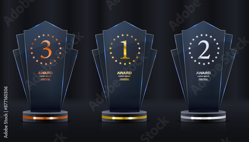 Realistic award. Winning medal. Glass 3D mockup. Acrylic design of first place prize. Silver or golden certificate. Competition trophy. Victory nominations. Vector exact elements set