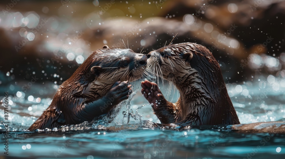 Fototapeta premium Two sea otters interacting in the water, holding onto each other with their front paws, appearing to exchange affectionate kisses