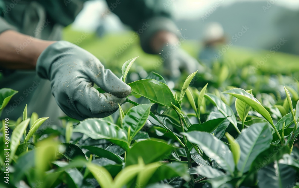 Close-up of gloved hands carefully picking tea leaves in a lush green plantation, showcasing the meticulous harvesting process. Close-up of gloved hands carefully picking tea leaves in a lush green plantation, showcasing the meticulous harvesting process.