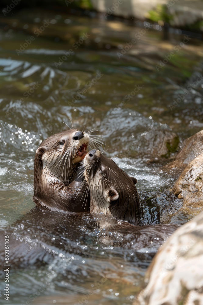 Fototapeta premium A few otters frolic in the water, engaging with one another, surrounded by a backdrop of submerged rocks