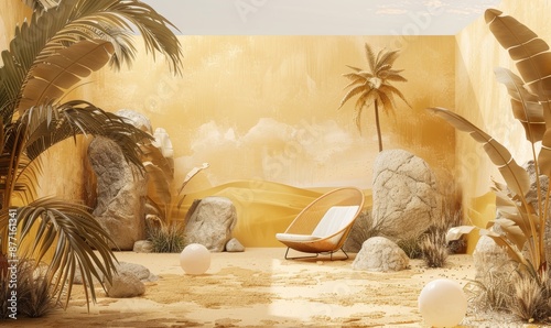 3D render of outdoor scene, golden wall, chair, rocks, plants, palm trees, sand dunes, light yellow background, Cinema4d, realistic lighting effects, geometric shapes, modern aesthetic photo