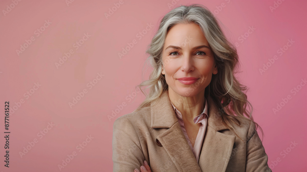 Fashionably dressed middle-aged European woman with gray hair, smiling broadly, facing the camera against a plain light background.
Fashionably dressed middle-aged European woman with gray hair, smiling broadly, facing the camera against a plain light background.