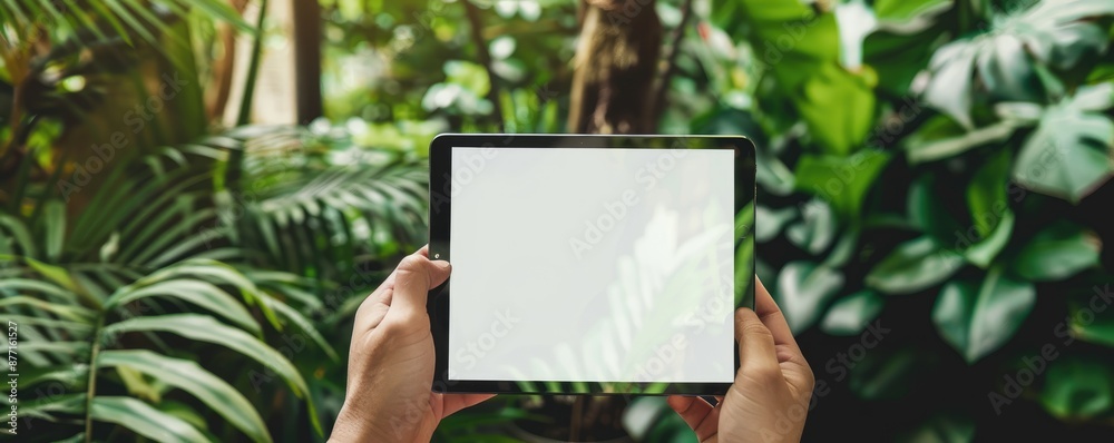 Human hands holding tablet with white screen in front of green plants background. Human hands holding tablet with white screen in front of green plants background.