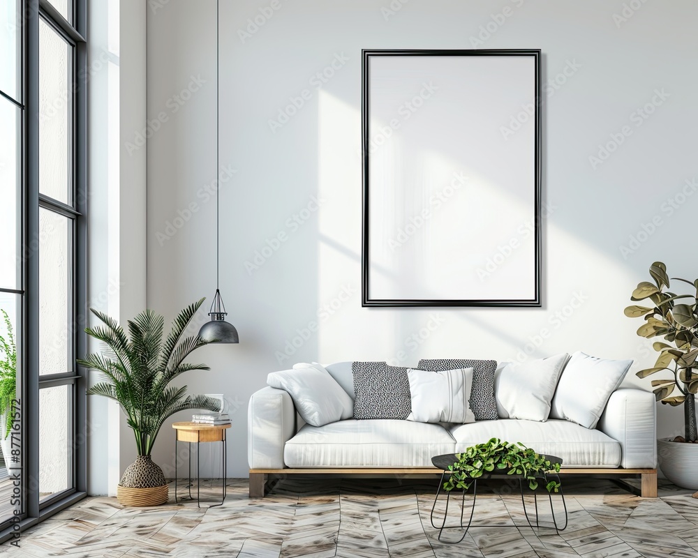Photo of bright modern interior apartment with black frame a2 format wall mockup Photo of bright modern interior apartment with black frame a2 format wall mockup