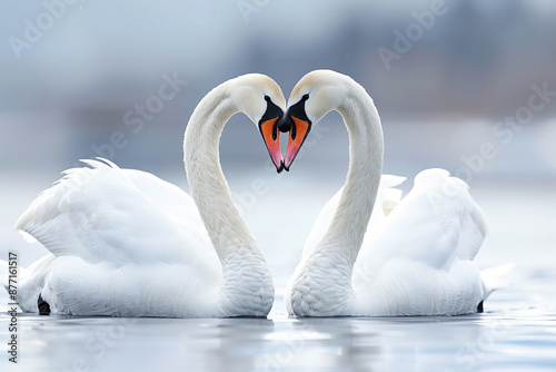 Fototapeta Naklejka Na Ścianę i Meble -  Two elegant white swans forming a heart shape with their necks on a calm lake, symbolizing love, beauty, and grace in nature.