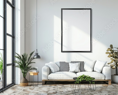 Photo of bright modern interior apartment with black frame a2 format wall mockup