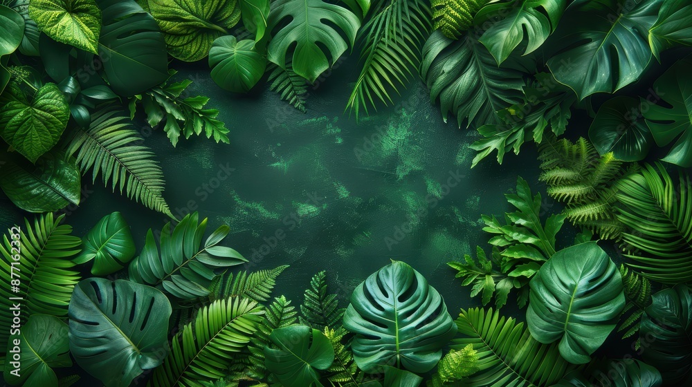 A lush assortment of green leaves and ferns on a dark green background. A lush assortment of green leaves and ferns on a dark green background.
