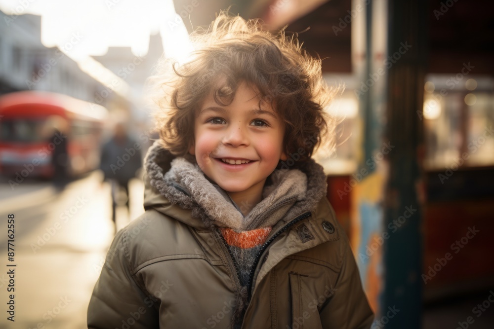 Portrait of a cute little boy with curly hair in the city Portrait of a cute little boy with curly hair in the city