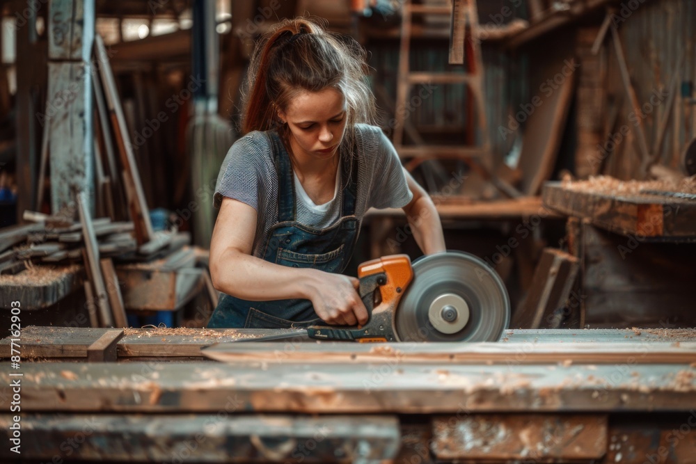 Strong woman carpenter working with circular saw on wooden plank in workshop Strong woman carpenter working with circular saw on wooden plank in workshop