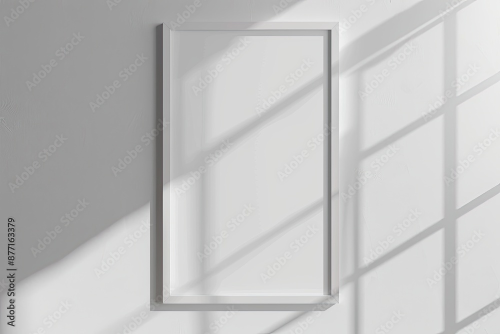 White rectangular vertical frame hanging on a white wall mockup. Clear design mock up template reflection, shadow overlay White rectangular vertical frame hanging on a white wall mockup. Clear design mock up template reflection, shadow overlay
