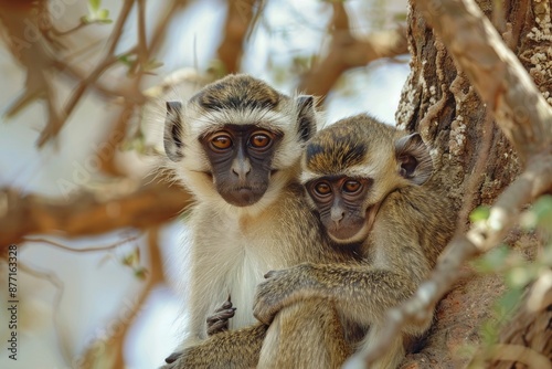 Two female vervet monkeys(Chlorocebus aethiops)sitting in a tree with their babies, Amboseli National Park. Kenya