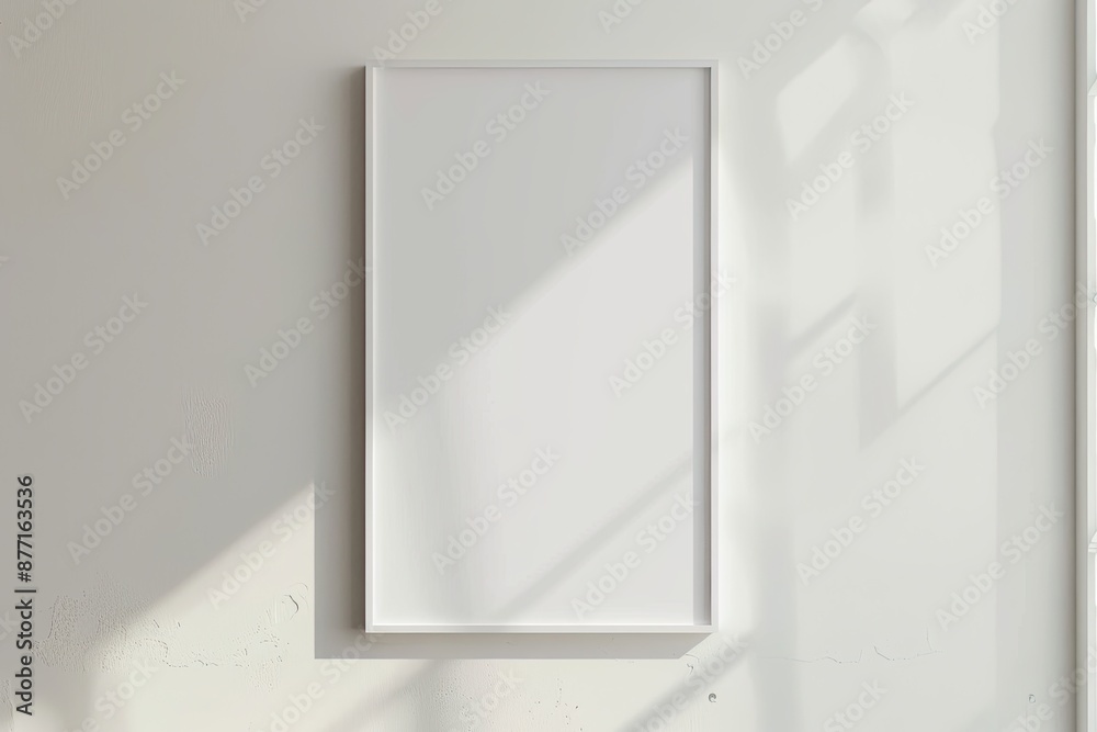 White rectangular vertical frame hanging on a white wall mockup. Clear design mock up template reflection, shadow overlay White rectangular vertical frame hanging on a white wall mockup. Clear design mock up template reflection, shadow overlay