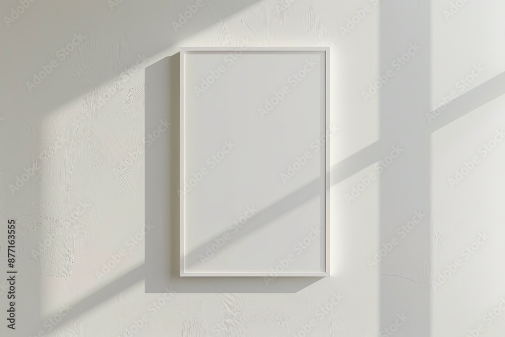 White rectangular vertical frame hanging on a white wall mockup. Clear design mock up template reflection, shadow overlay White rectangular vertical frame hanging on a white wall mockup. Clear design mock up template reflection, shadow overlay