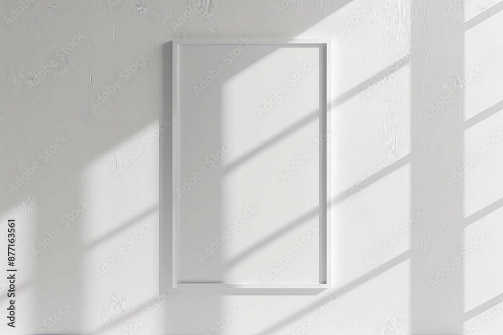 White rectangular vertical frame hanging on a white wall mockup. Clear design mock up template reflection, shadow overlay White rectangular vertical frame hanging on a white wall mockup. Clear design mock up template reflection, shadow overlay