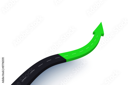 3d arrow up sign and road icon. Simple modern green candle trading sign, arrow and road icon as a symbol of success. Isolated vector illustration.