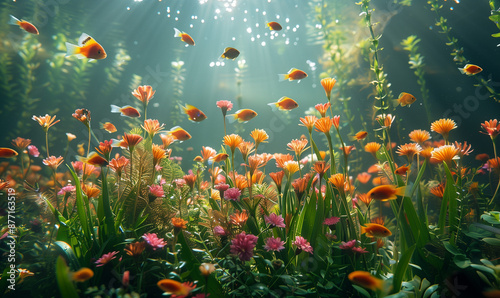 an ethereal underwater garden, a vibrant aquatic world, adorned with orange and white flowers, daisies, sunbeams dancing through the water's surface, and small fish darting about.