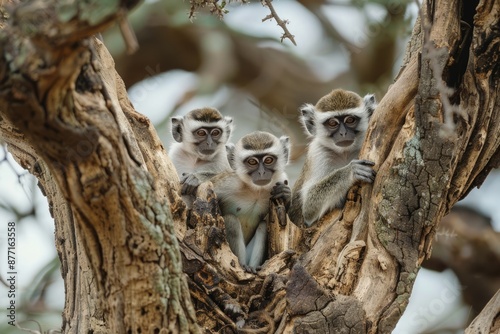 Two female vervet monkeys(Chlorocebus aethiops)sitting in a tree with their babies, Amboseli National Park. Kenya photo