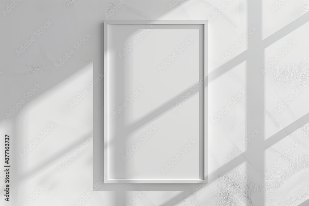 White rectangular vertical frame hanging on a white wall mockup. Clear design mock up template reflection, shadow overlay White rectangular vertical frame hanging on a white wall mockup. Clear design mock up template reflection, shadow overlay